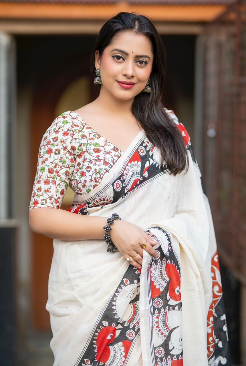 Ivory linen printed saree