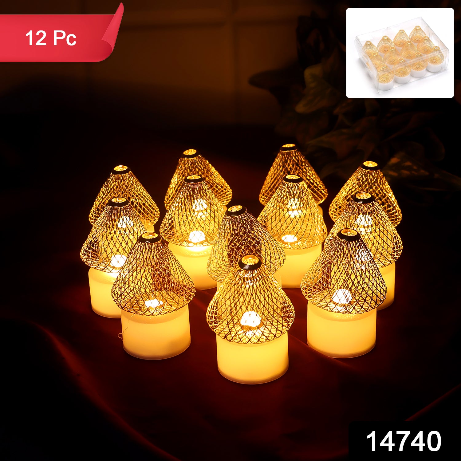 Set Of 12 Decorative Led Flameless Candle Lights With Golden Net Cover